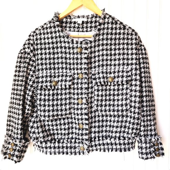 C. Established 1946 Womans Jacket Houndstooth Pattern Fringe Trim Size M Blk/Wht - Picture 3 of 11
